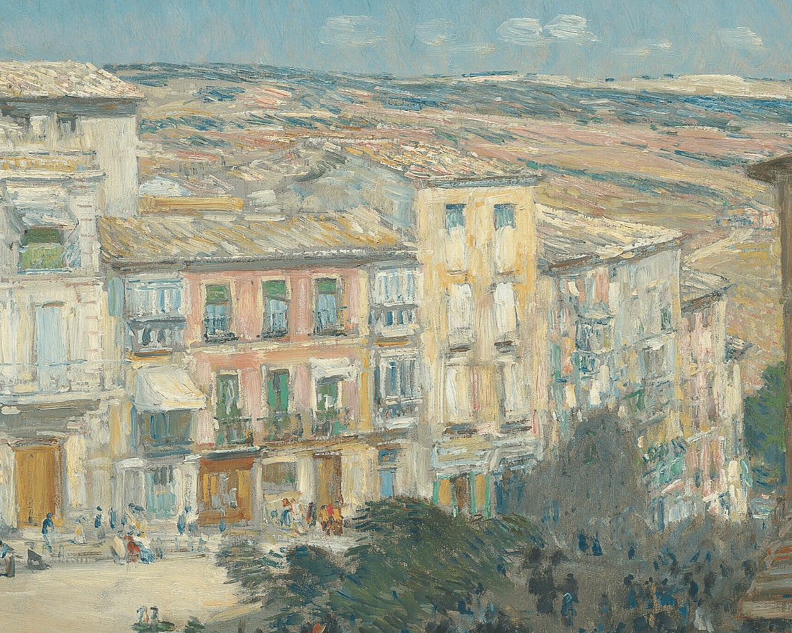 Sunlit European Old Town Plaza Pastel Buildings Hills View Art Print - Image 2
