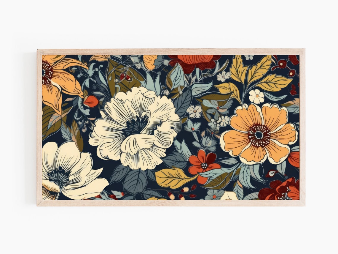 Bold Floral Pattern Orange Cream Flowers On Navy Background Art Print - Image 3