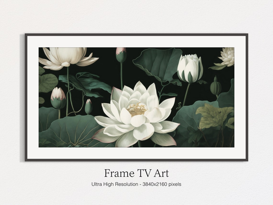 White Lotus Flowers Botanical Painting Dark Floral Wall Art Print - Image 4