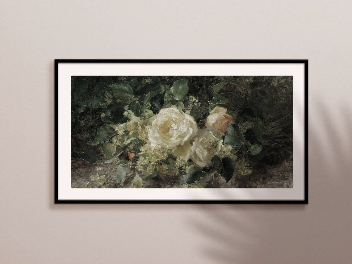 White Roses Still Life Painting Dark Moody Romantic Floral Wall Art - Image 2