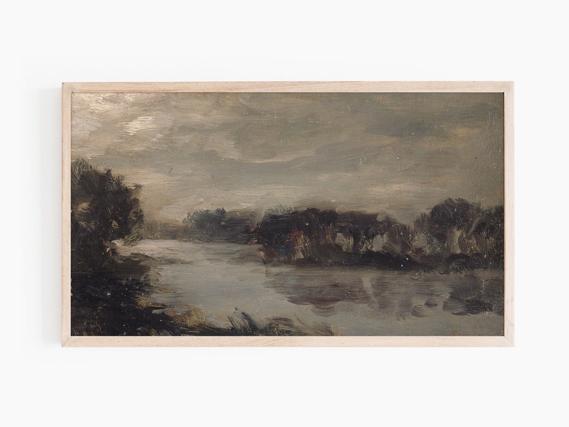 Dark River Bend with Bare Trees Moody Vintage Landscape Art Print - Image 2
