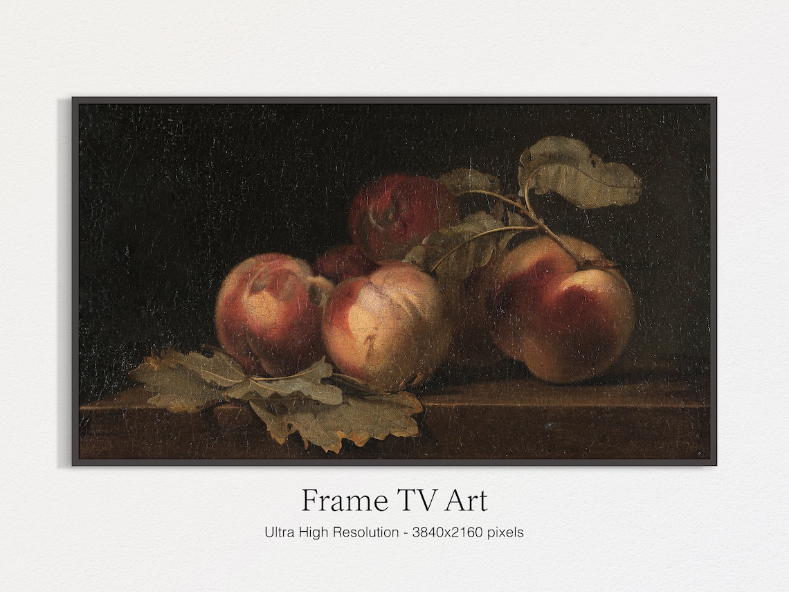 Ripe Peaches Still Life Dark Background Classic Oil Painting Art Print