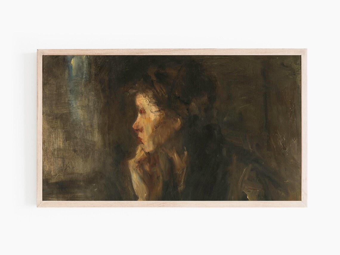 Dark Moody Woman Portrait Profile Painting Vintage Wall Art Print - Image 2