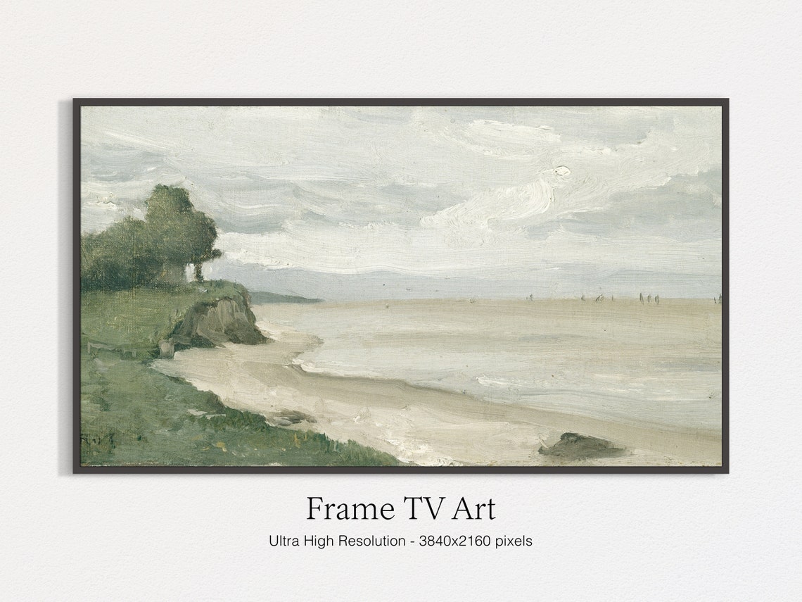 Serene Neutral Coastal Painting Green Cliffs Beach Seascape Wall Art