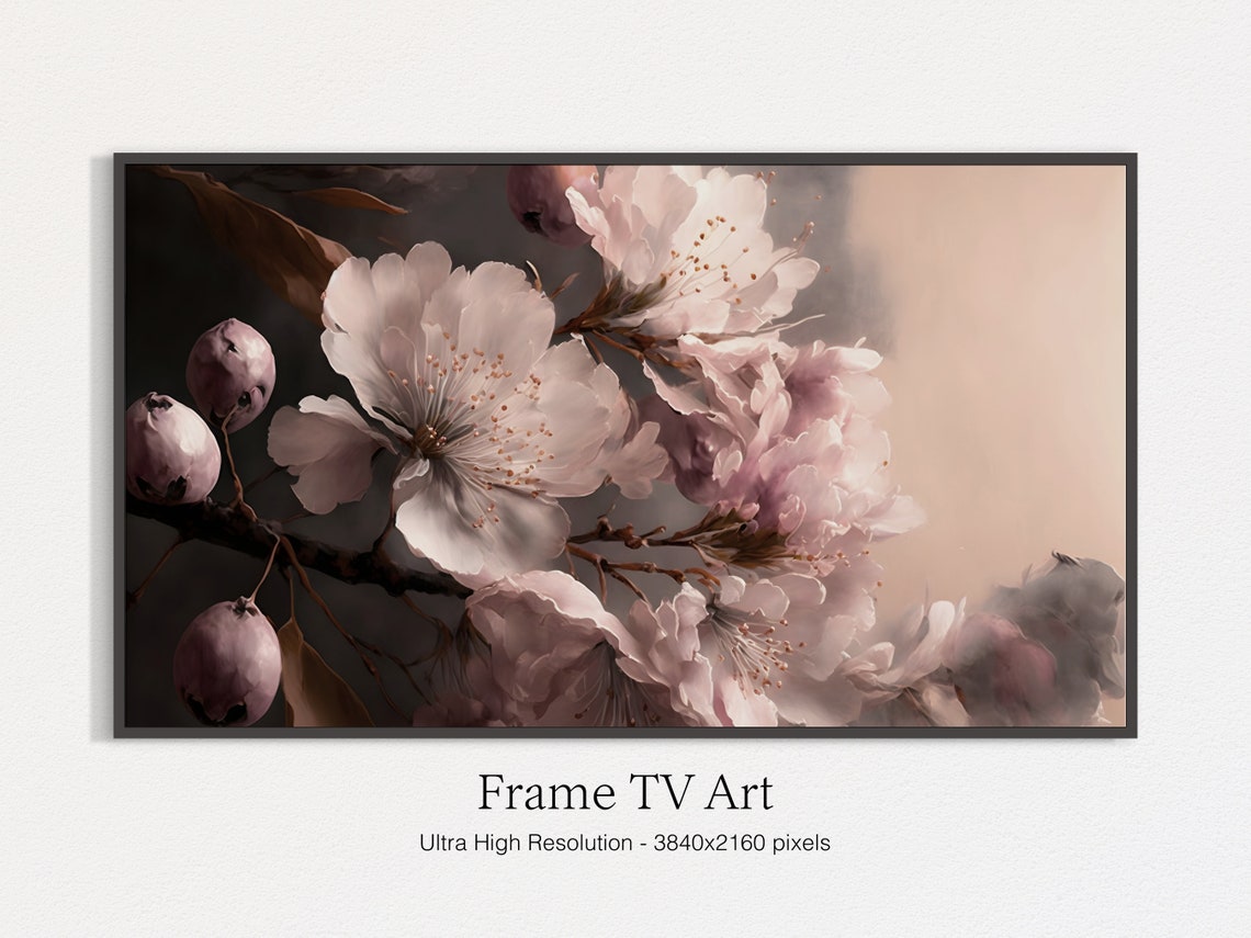 Blush Cherry Blossoms Close Up On Branch Moody Botanical Art Print
