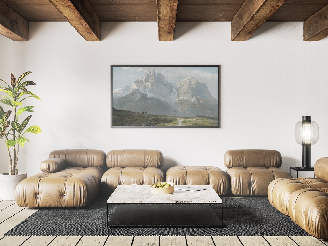 Snowy Alpine Mountain Peak Oil Painting Meadow Path Landscape Poster - Image 3