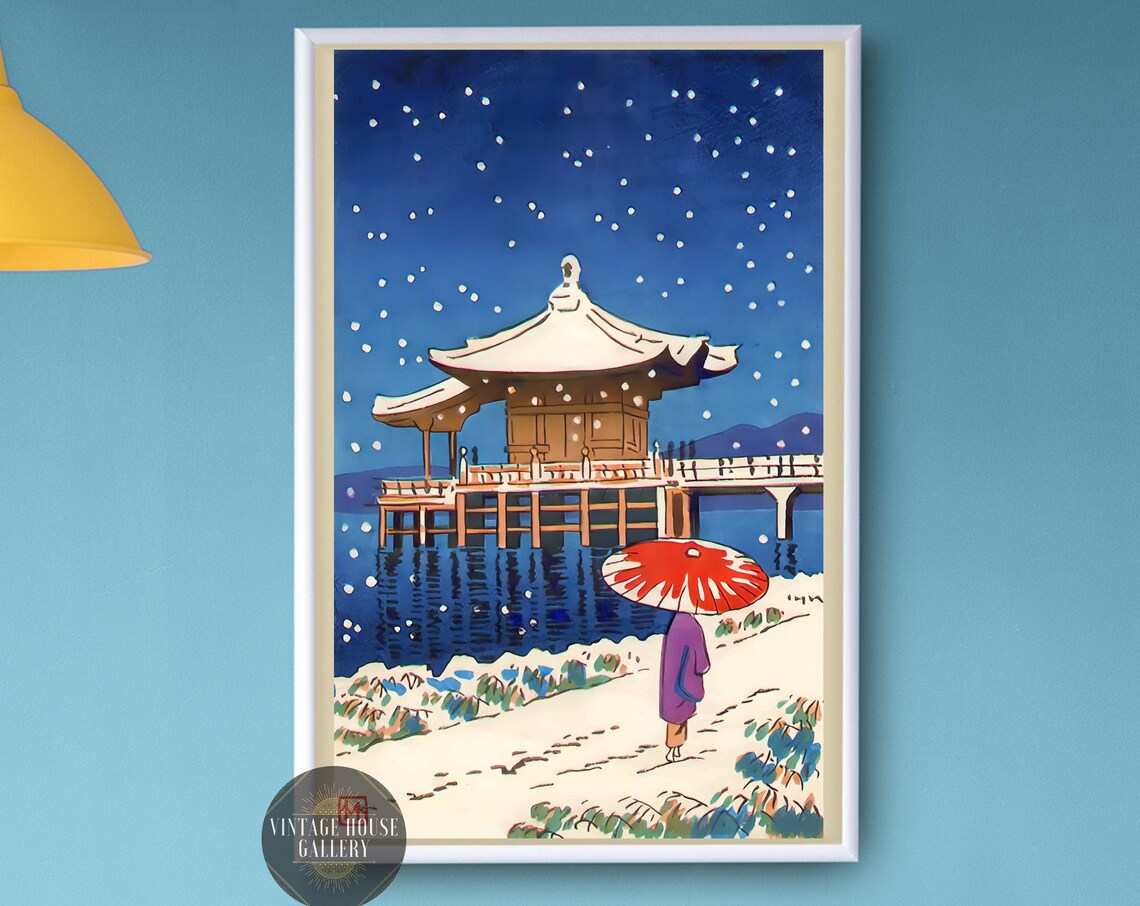 Snow Covered Floating Temple With Red Parasol Woodblock Art Poster