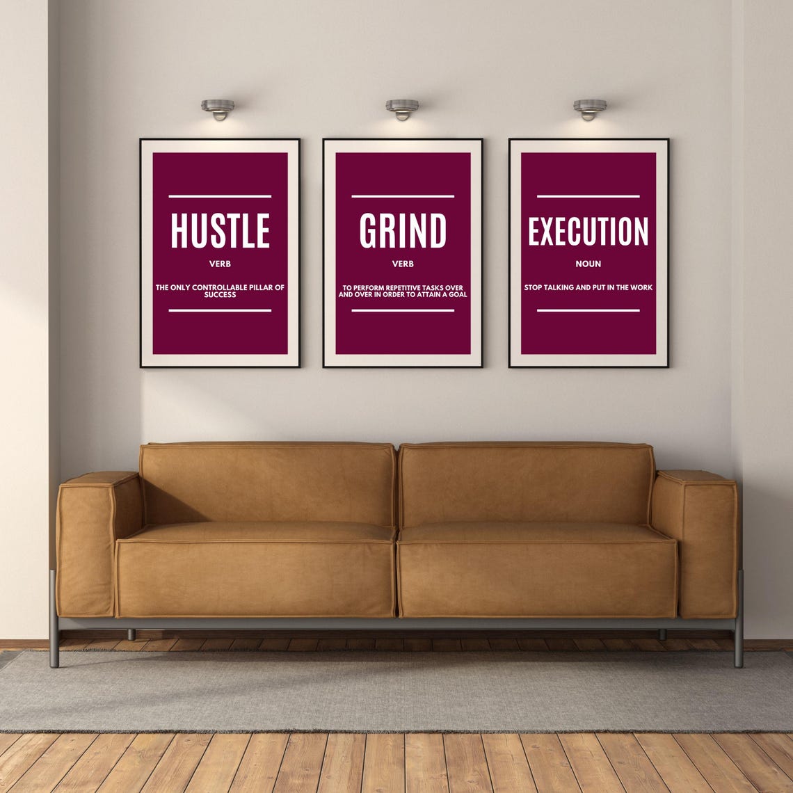 Hustle Grind Execution Three Piece Black White Quote Poster Set - Image 2