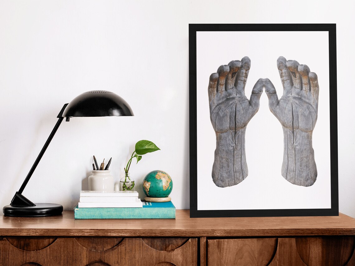 Carved Wood Hands Sculpture Rustic Gray Minimalist Wall Poster - Image 3