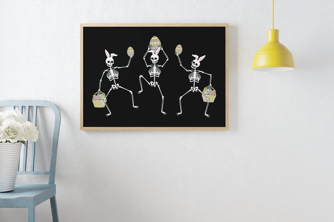 Dancing Easter Bunny Skeletons Holding Eggs Black Art Poster - Image 2