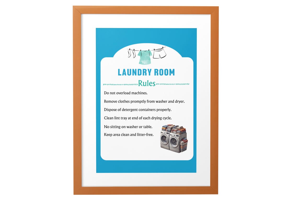 Laundry Room Rules Blue Sign Washer Dryer Etiquette Wall Poster