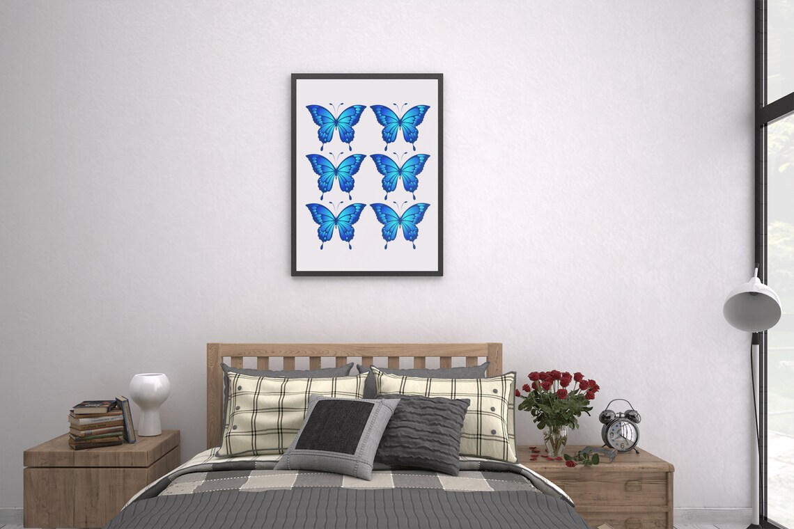 Blue Butterfly Grid Watercolor Six Insects Preppy Wall Poster - Image 4