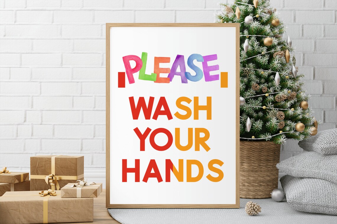 Please Wash Your Hands Rainbow Watercolor Kids Bathroom Poster