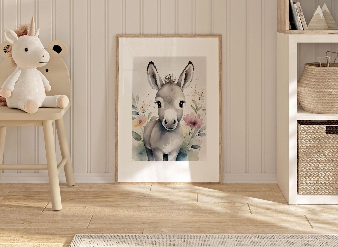 Adorable Baby Donkey Watercolor Nursery Portrait Flowers Poster - Image 2