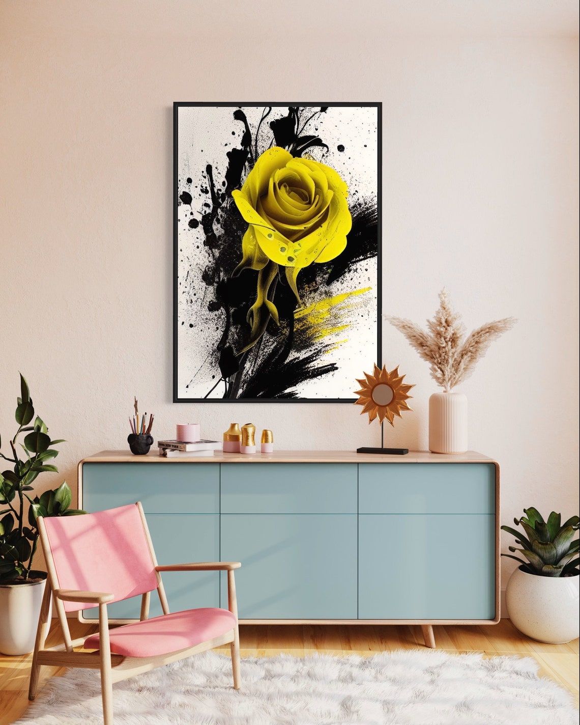 Yellow Rose on Black Ink Splatter Art Poster with Dramatic Contrast - Image 2
