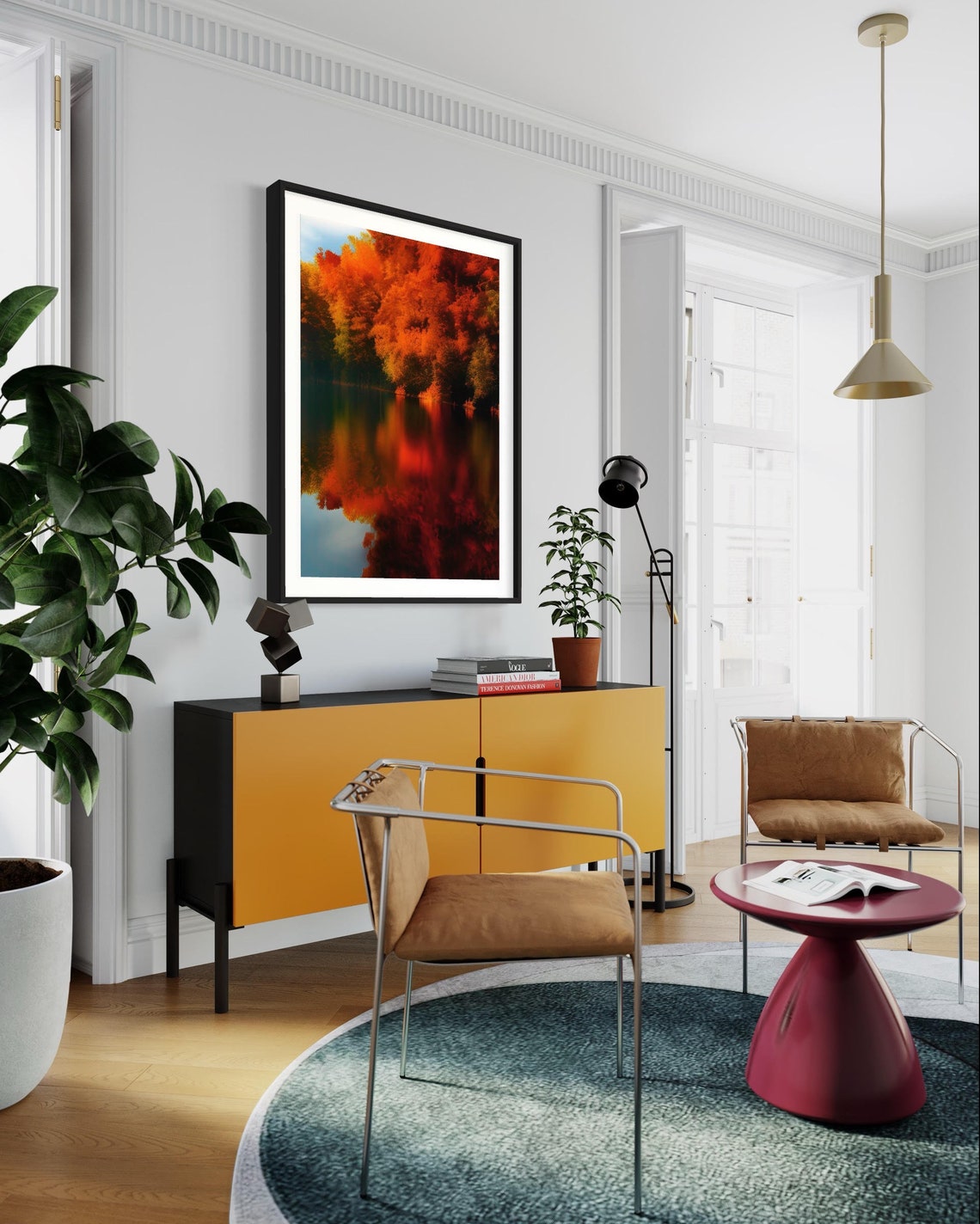 Autumn Lake Reflection Landscape Poster with Fiery Orange Trees - Image 2