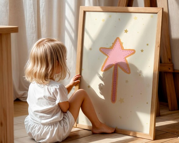Pink Star Magic Wand Print Whimsical Kids Room Decor