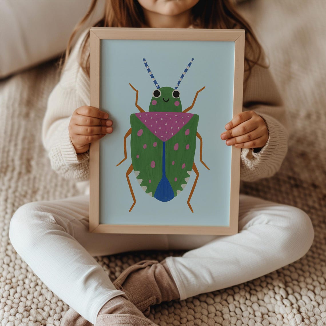 Cute Smiling Green Beetle Whimsical Insect Kids Nursery Poster
