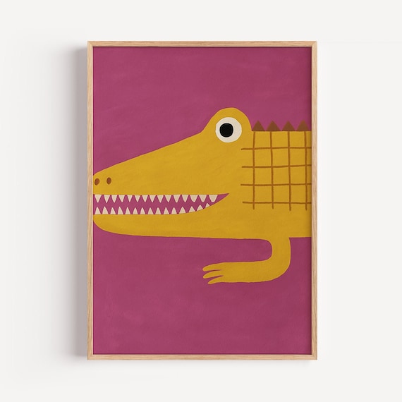Yellow Crocodile Kids Art Print Playful Nursery Wall Decor Magenta Animal