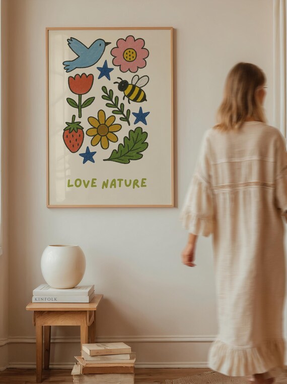 Love Nature Cute Doodle Flowers Bee Bird Childlike Art Poster