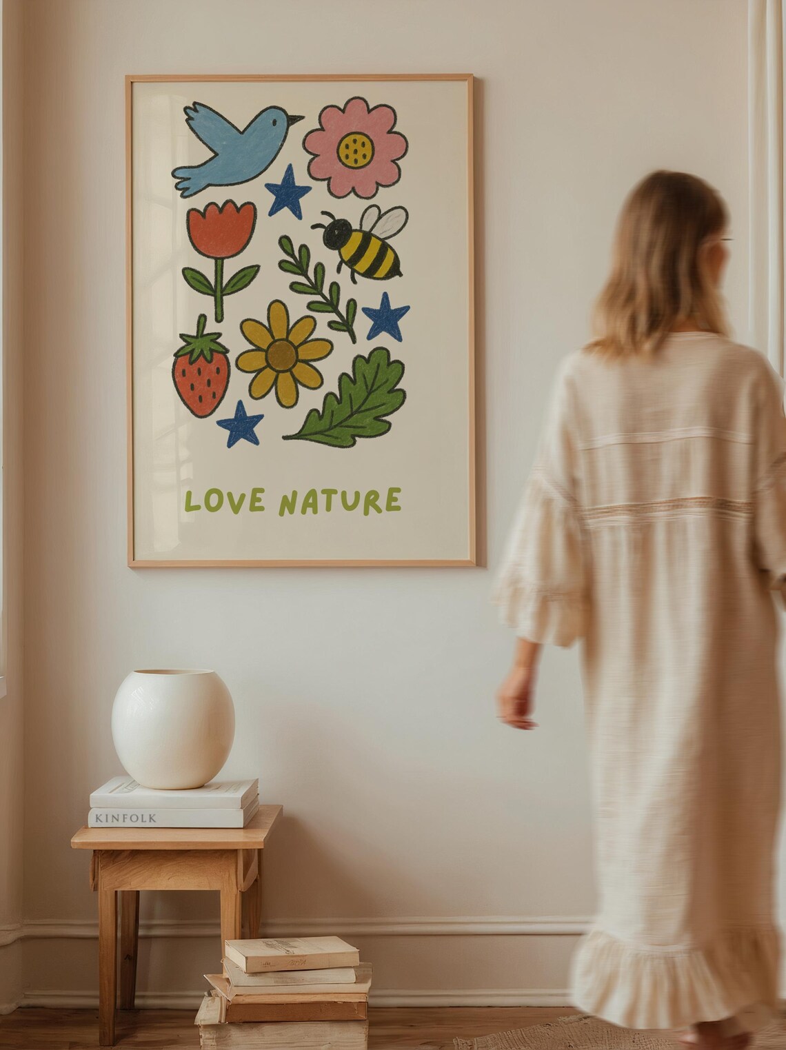 Love Nature Cute Doodle Flowers Bee Bird Childlike Art Poster