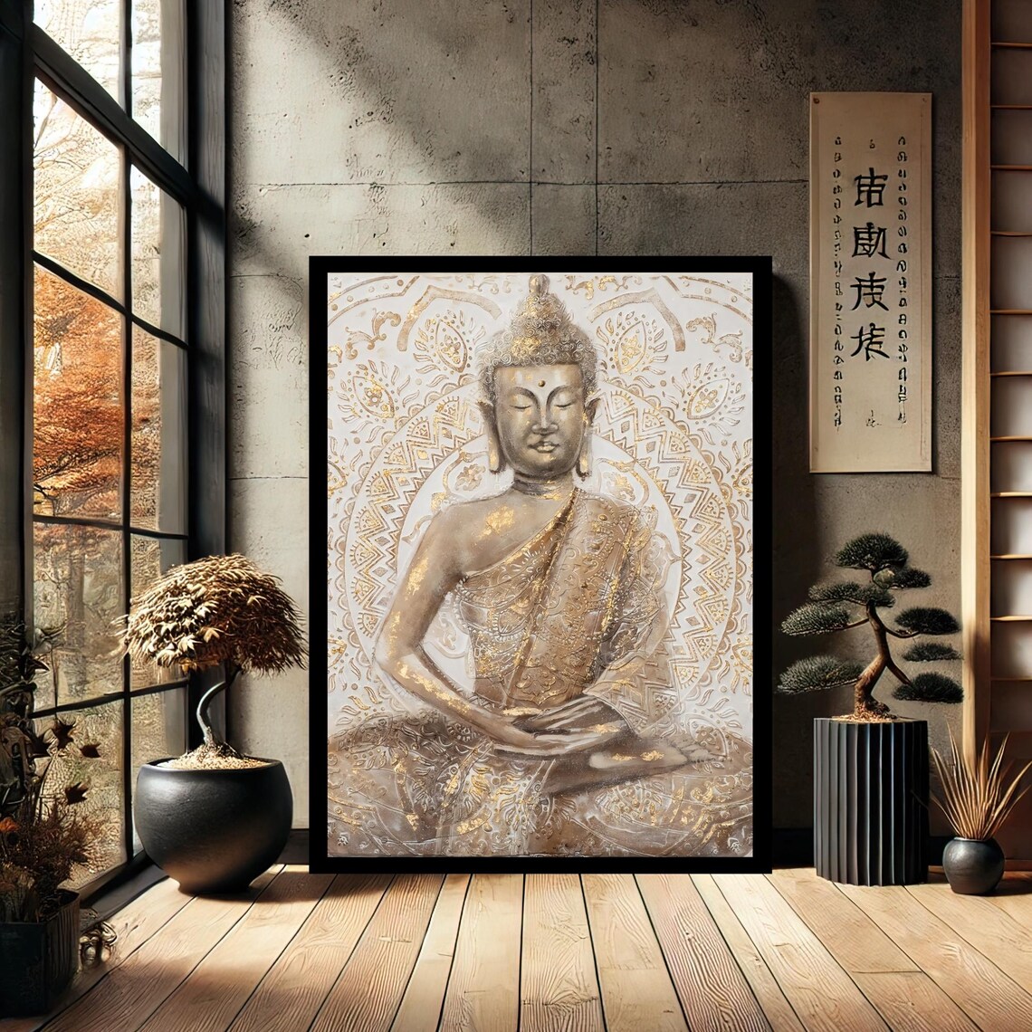 Meditating Buddha White Gold Mandala Painting Peaceful Spiritual Print