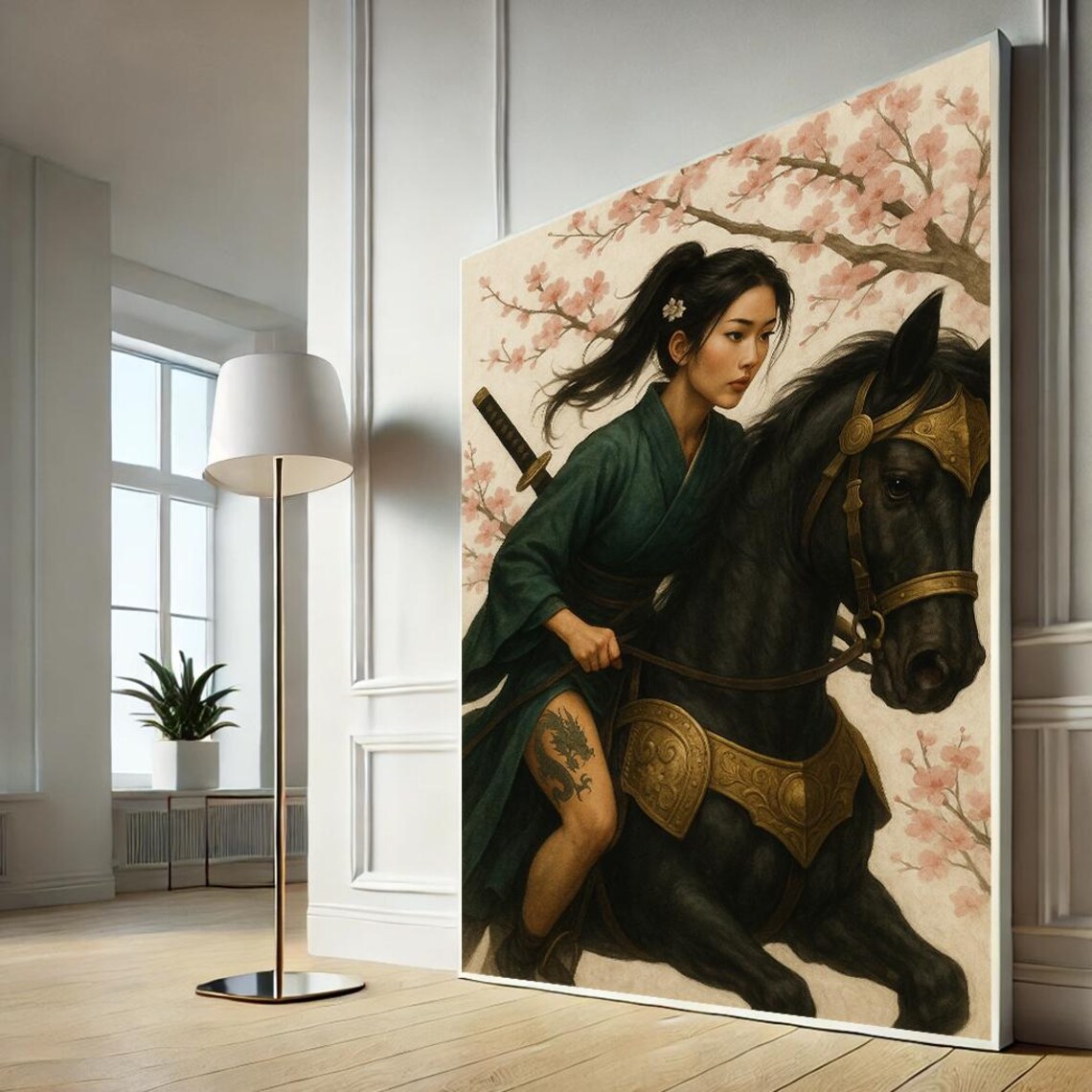 Samurai Woman Riding Black Horse Green Kimono Cherry Blossom Art Poster