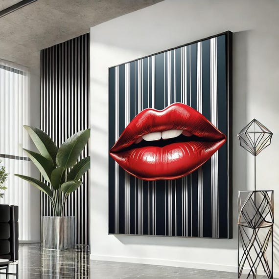 Woman Lips Pop Art Canvas Red Wall Modern Trendy Fashion Artwork Statement Home Accent Unique Gift For Lovers