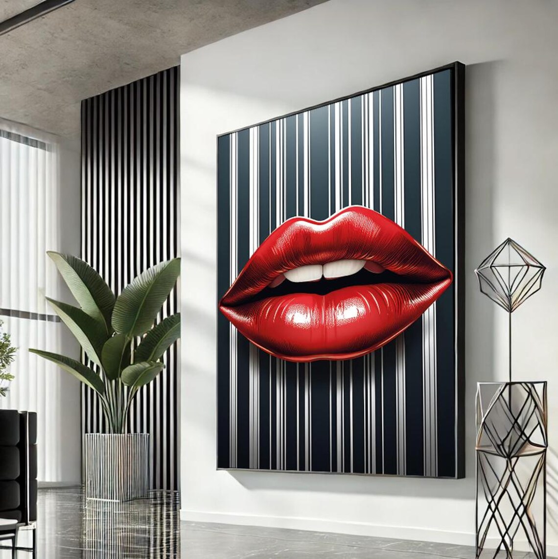 Red Lips Pop Art Navy Pinstripe Modern Fashion Statement Decor Wall Art
