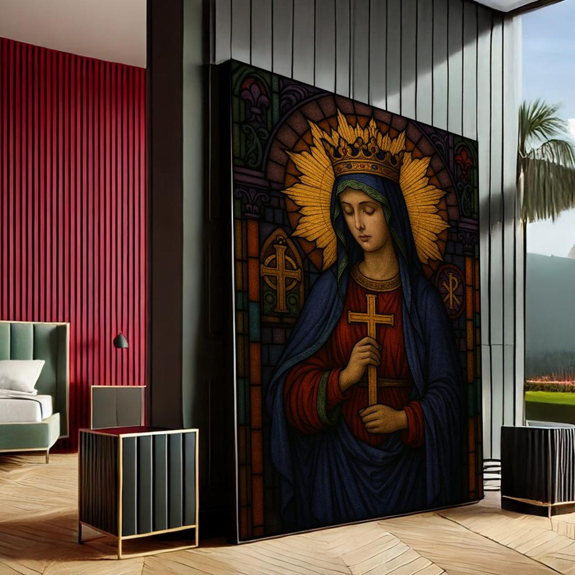 Virgin Mary Stained Glass Art Catholic Religious Wall Decor Print