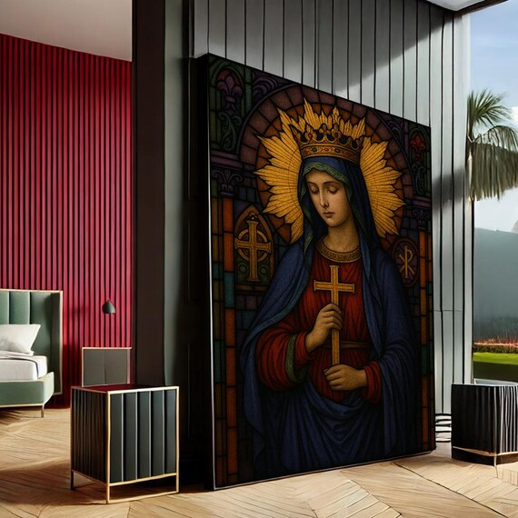 Virgin Mary Stained Glass Art Catholic Religious Wall Decor Print