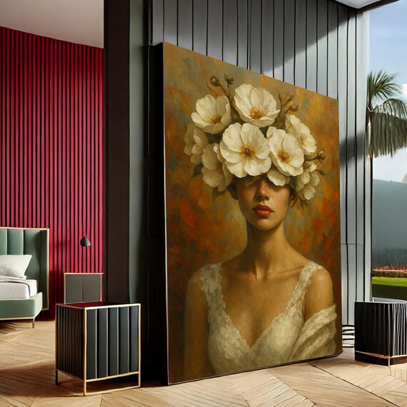 Elegant Floral Woman Portrait White Bloom Oil Painting Wall Art