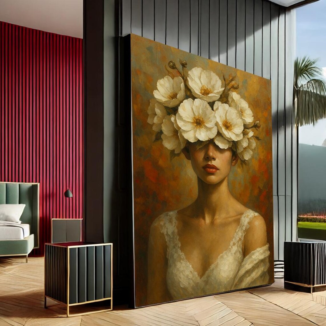 Elegant Floral Woman Portrait White Bloom Oil Painting Wall Art