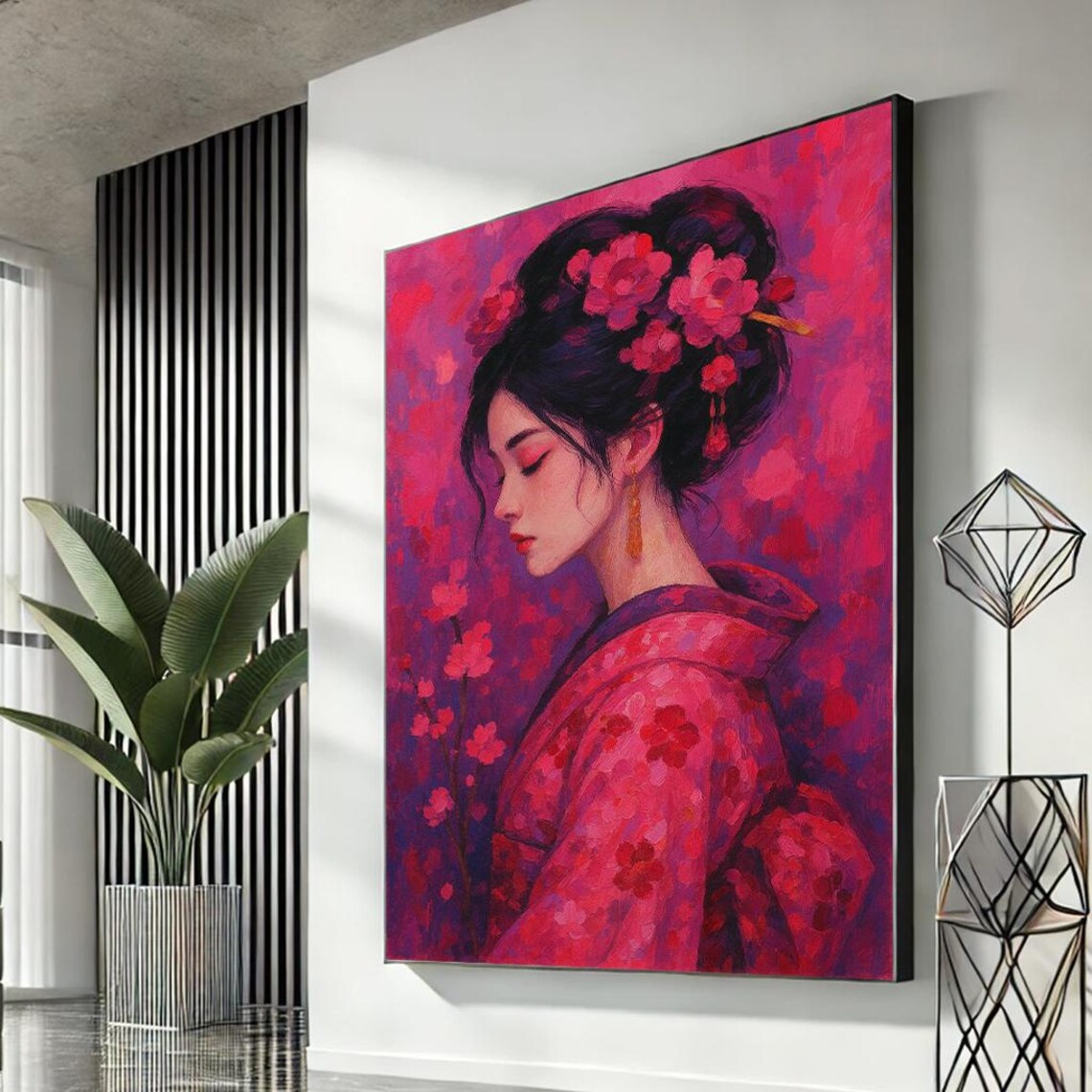 Elegant Asian Woman In Kimono Pink Floral Beauty Portrait Wall Art