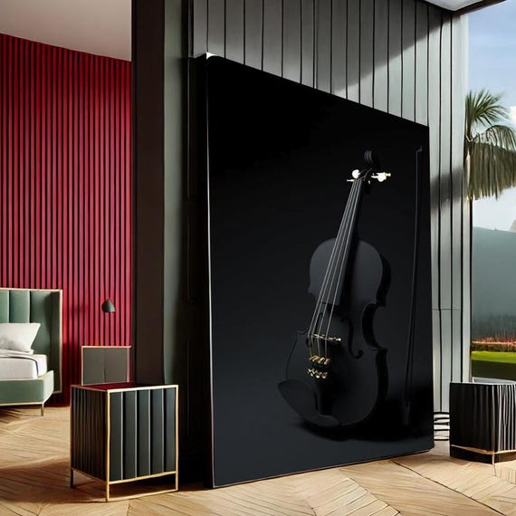 Elegant Violin Modern Canvas Wall Art Print Black Gold Living Room Decor Statement Piece