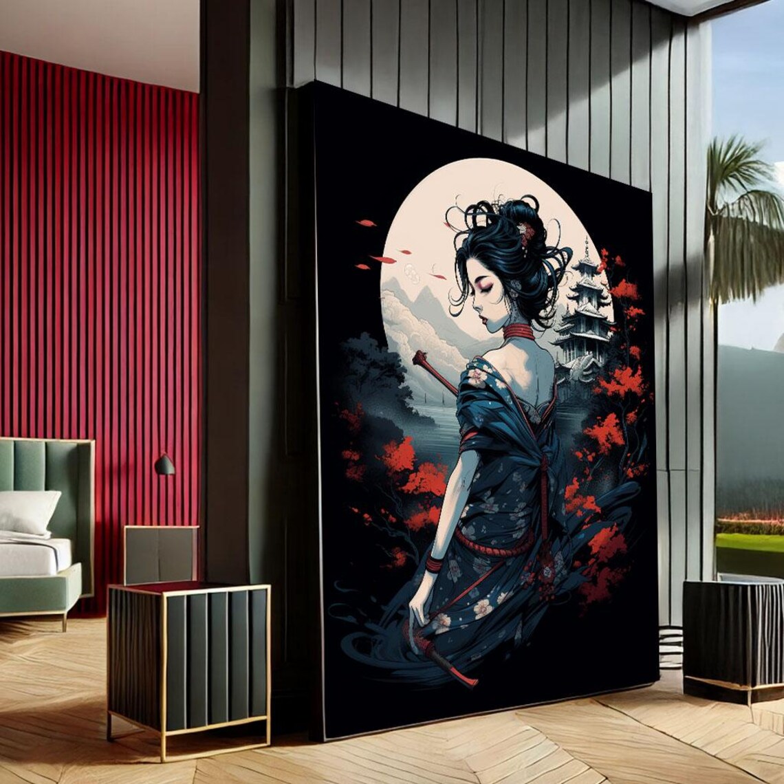 Dark Geisha Warrior Full Moon Pagoda Red Maple Leaves Fantasy Art Poster