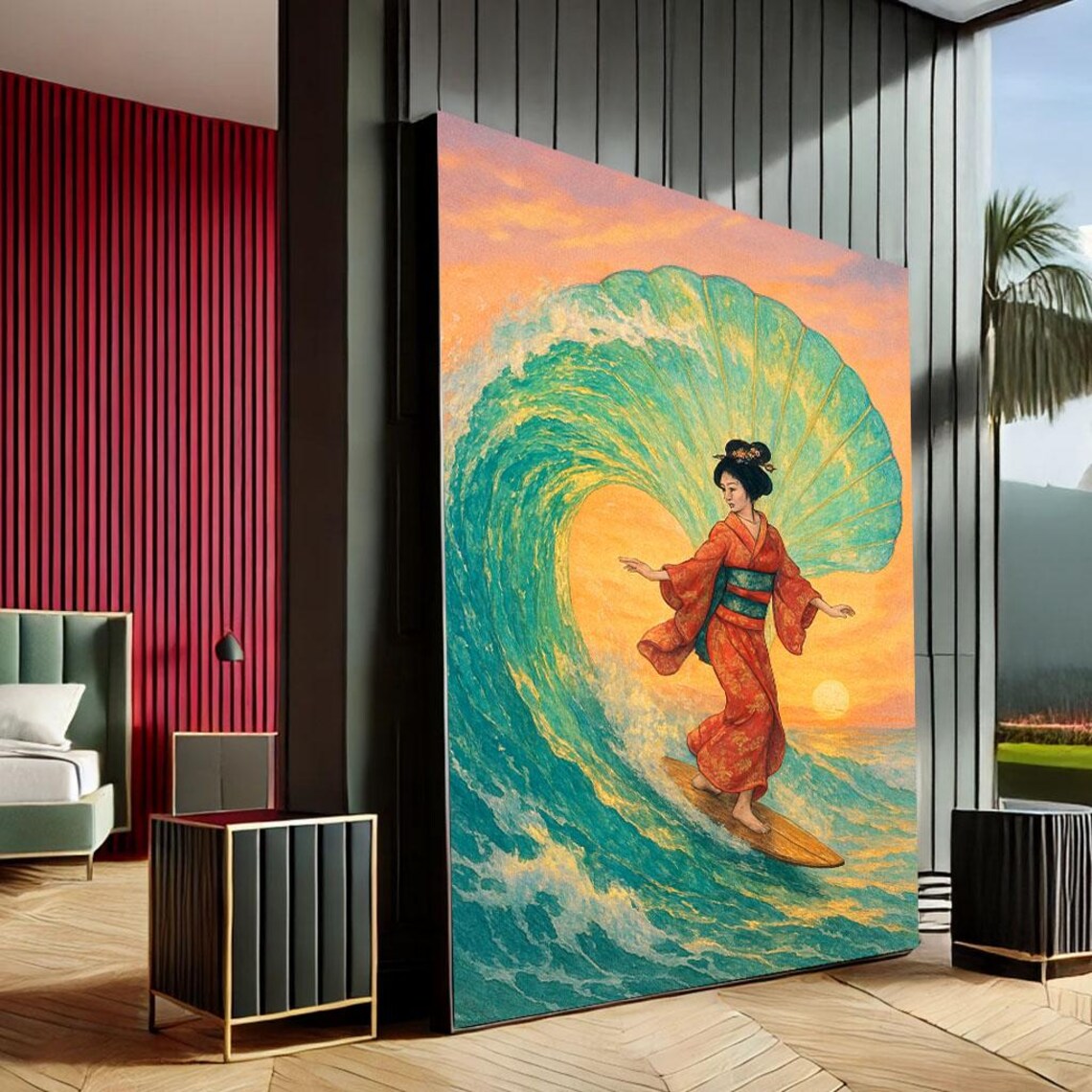 Geisha Surfing Giant Ocean Wave Golden Sunset Japanese Art Poster
