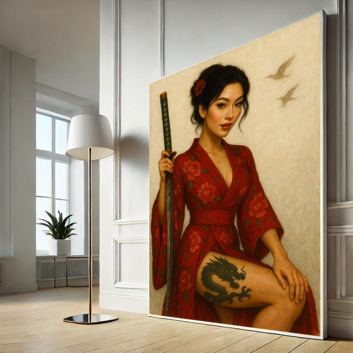 Samurai Woman Warrior Canvas Print Red Kimono Katana Dragon Tattoo