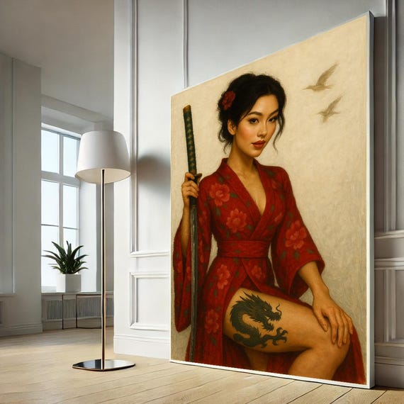 Samurai Woman Canvas Art Asian Warrior Wall Print Dragon Tattoo Poster Geisha Style Decor Ready To Hang
