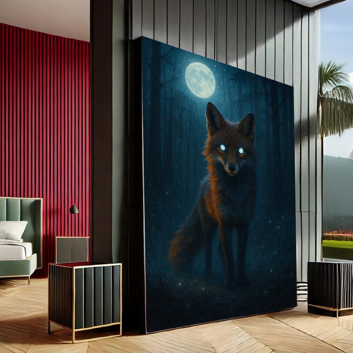 Mystical Fox Under Moonlight Canvas Wall Art Print Navy Blue Living Room Decor Statement Piece