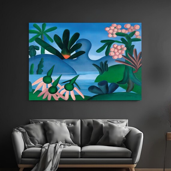 The Lake Colorful Flat Art Canvas Modern Nature Landscape Wall Print Minimal Botanical Poster Contemporary Scene