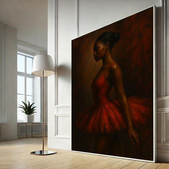 Ballerina in Red Tutu Dark Umber Oil Painting Elegant Poster Art