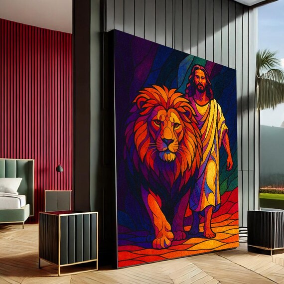 Lion And Christ Stained Glass Vibrant Faith Christian Canvas Wall Art