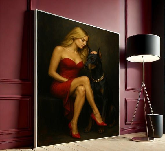 Elegant Woman And Doberman Canvas Wall Art Luxury Oil Style Print Red Dress Portrait Poster Ready To Hang Decor