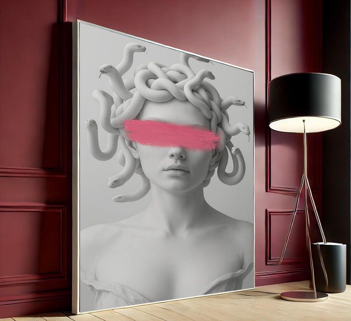 Medusa Statue Pink Paint Stroke Greek Mythology Modern Portrait Poster
