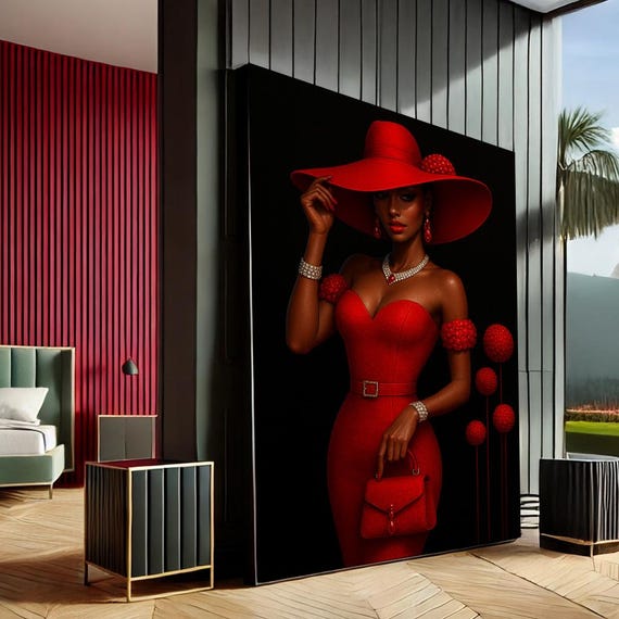Elegant Lady In Red Modern Canvas Wall Art Print Bold Black Living Room Decor Statement Piece