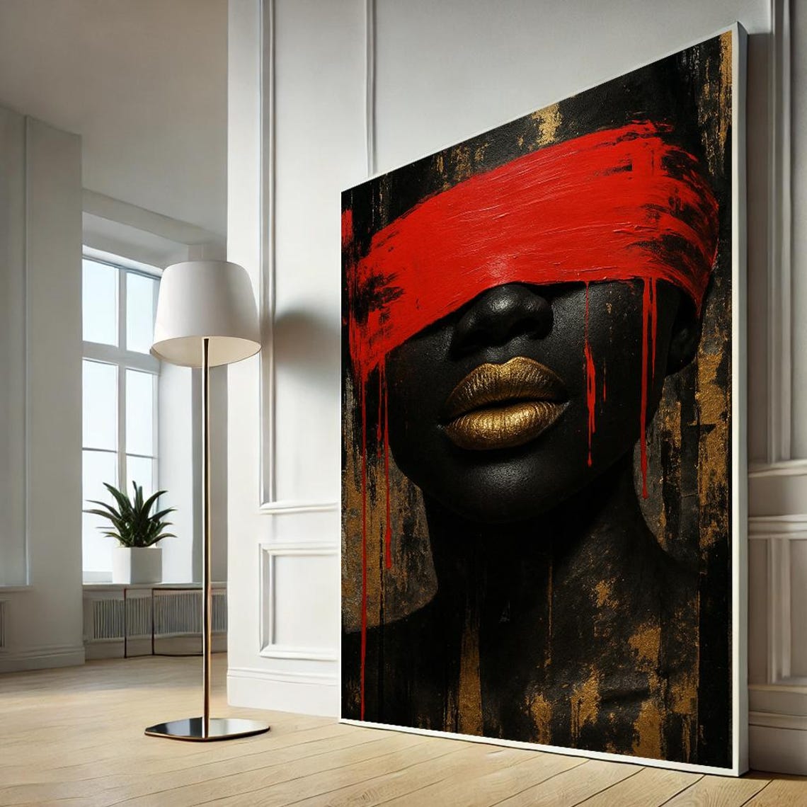 African Woman Red Blindfold Gold Lips Abstract Luxury Wall Print