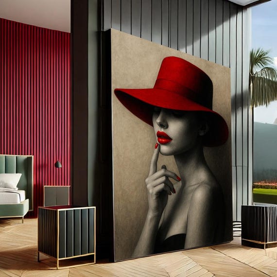 Elegant Woman In Red Hat Modern Canvas Wall Art Print Black Bedroom Decor Statement Piece