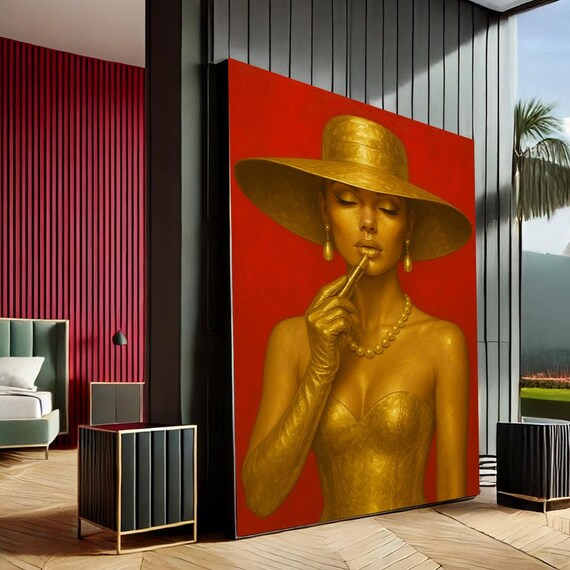 Golden Woman Lipstick Wide Hat Red Background Glamour Poster