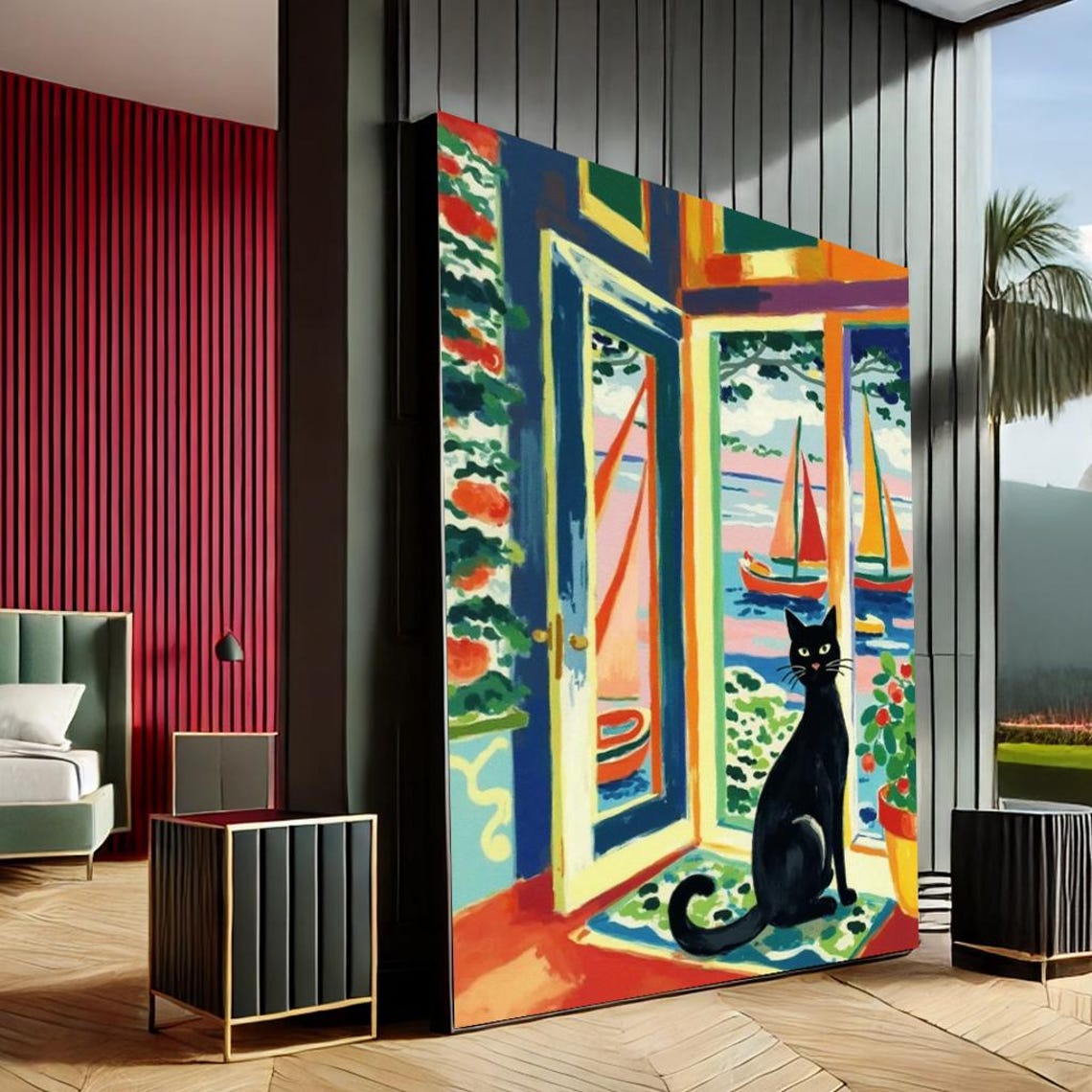 Black Cat At Bright Seaside Doors Colorful Fauvist Style Wall Art